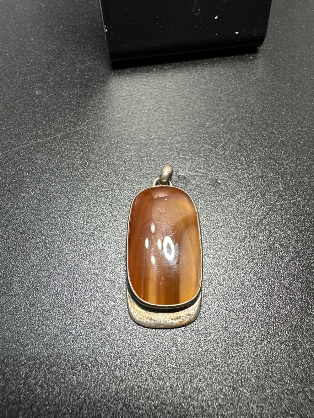 VTG Amber Agate Pendant Necklace in Sterling-Style Setting